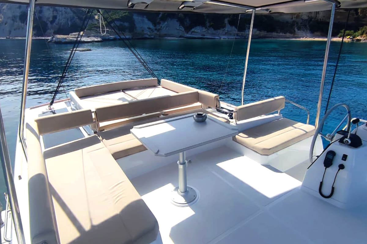 Cockpit of Noni, a Bali 4.6 catamaran at Lavreotiki Municipal Unit, Greece