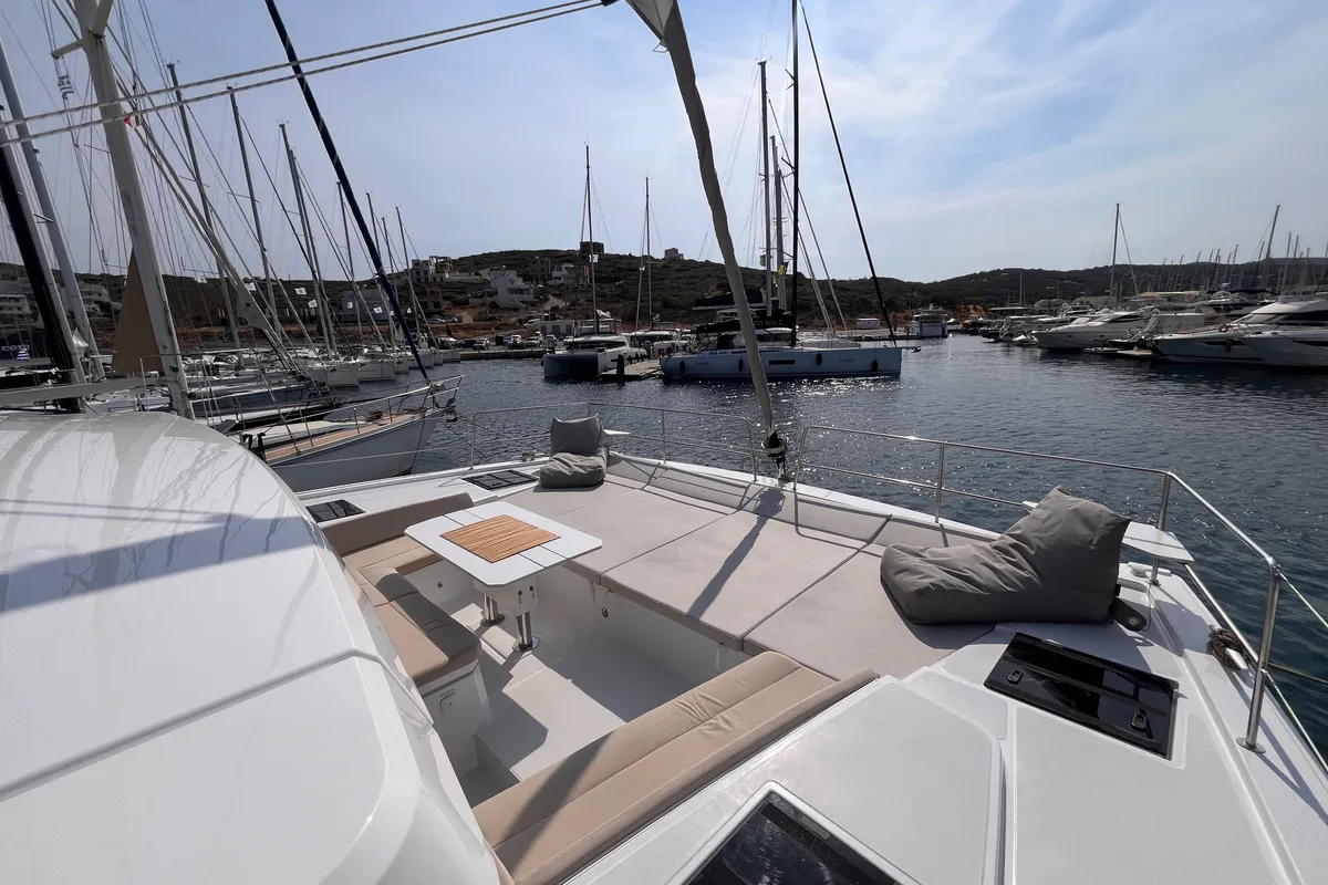 Deck of Noni, a Bali 4.6 catamaran at Lavreotiki Municipal Unit, Greece