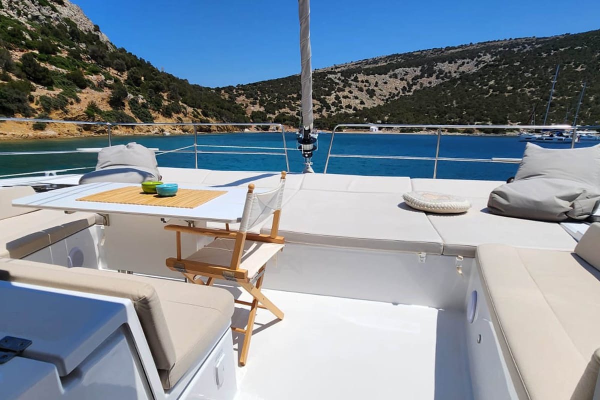Deck of Noni, a Bali 4.6 catamaran at Lavreotiki Municipal Unit, Greece