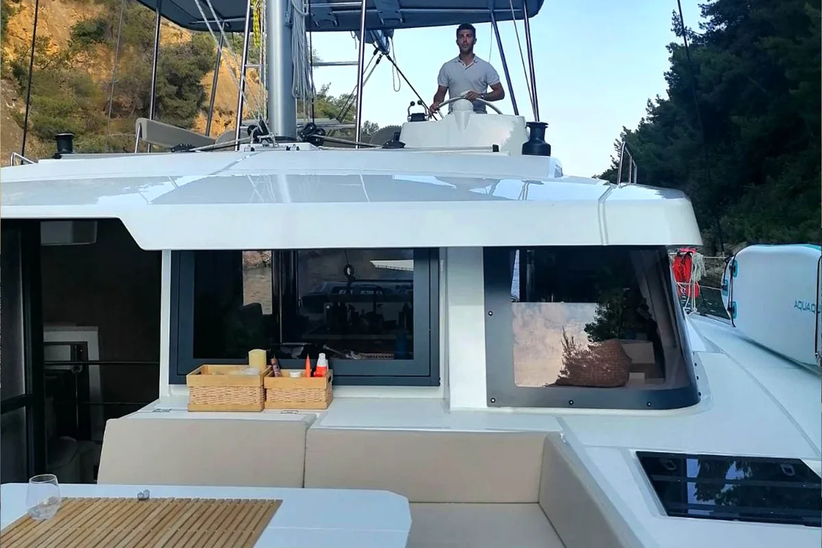 Cockpit of Noni, a Bali 4.6 catamaran at Lavreotiki Municipal Unit, Greece