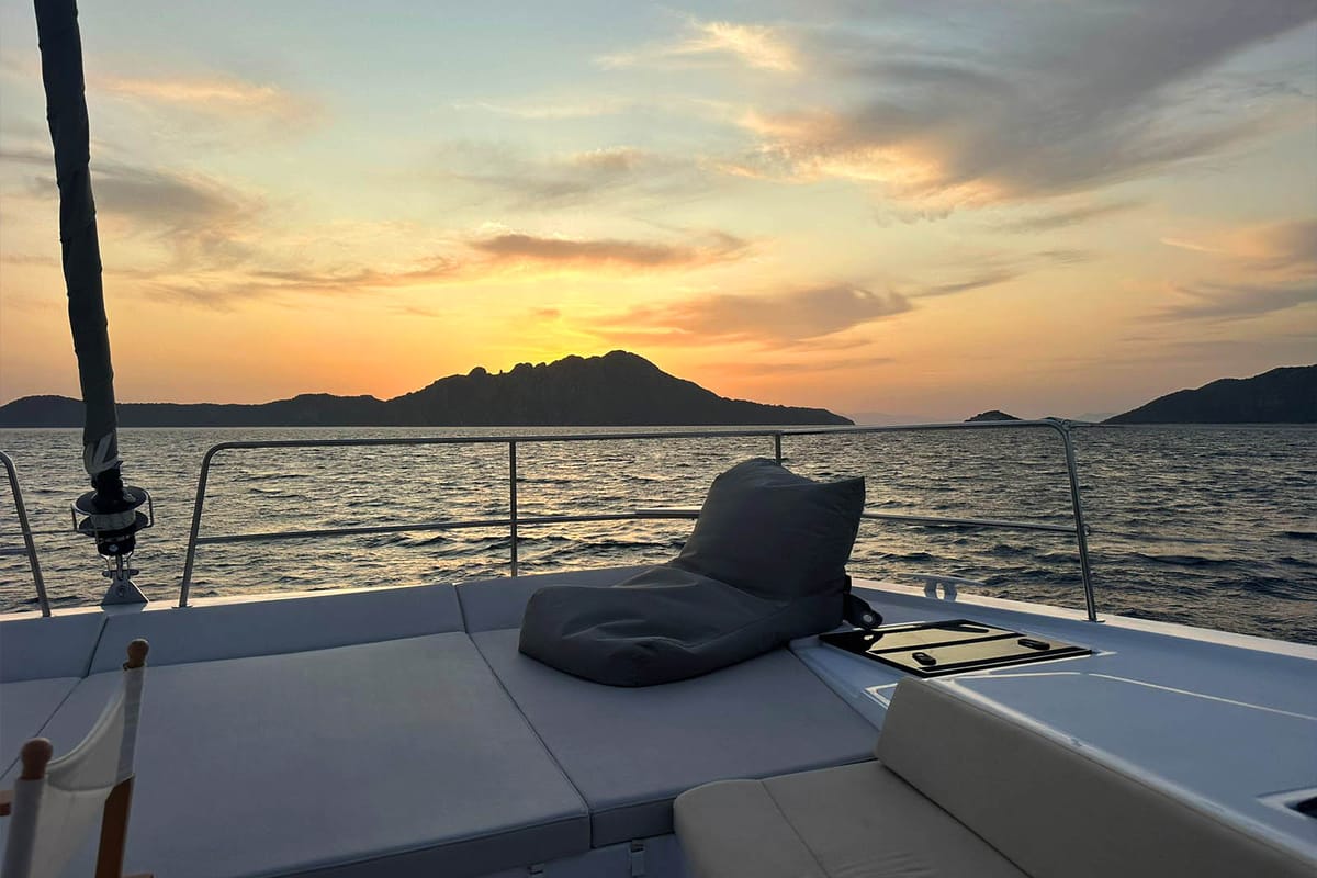 Deck of Noni, a Bali 4.6 catamaran at Lavreotiki Municipal Unit, Greece