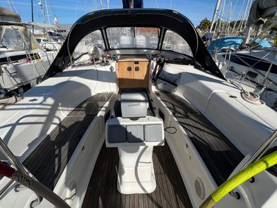 Cockpit of Arloup, a Bavaria Cruiser 40 sailboat at Port Navalo, France
