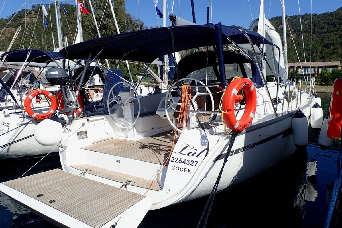 Exterior view of Lal, a Bavaria Cruiser 41 sailboat at Fethiye, Turkey