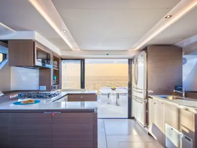 Galley of Leopard 53 PC Club, a Leopard 53 PC catamaran at Central Abaco, Bahamas