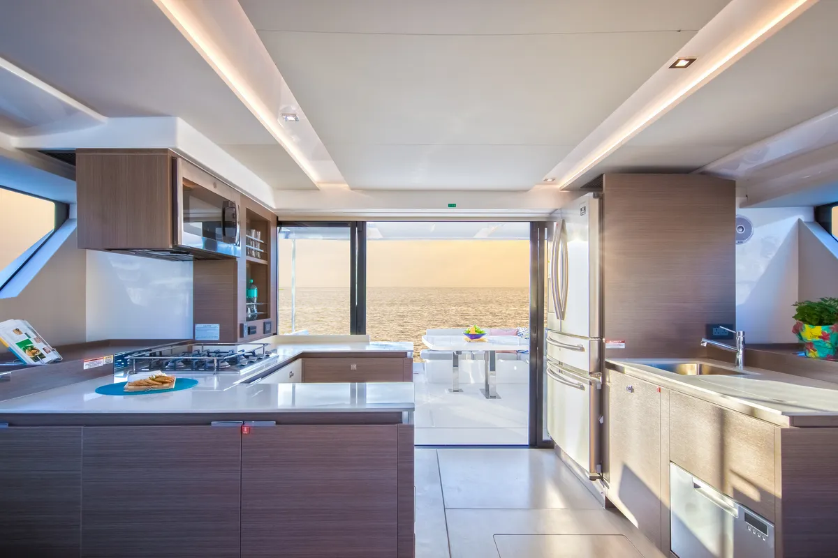 Galley of Leopard 53 PC Club, a Leopard 53 PC catamaran at Central Abaco, Bahamas