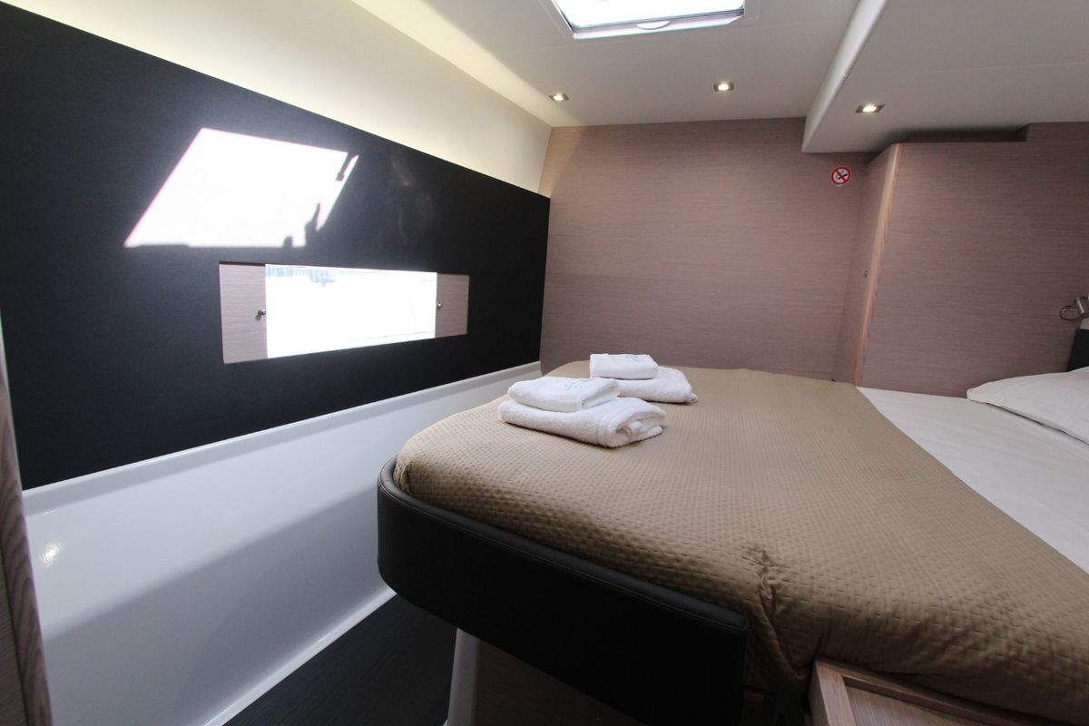 Cabin on Lublu, a Dufour 48 Catamaran catamaran at Olbia, Italy
