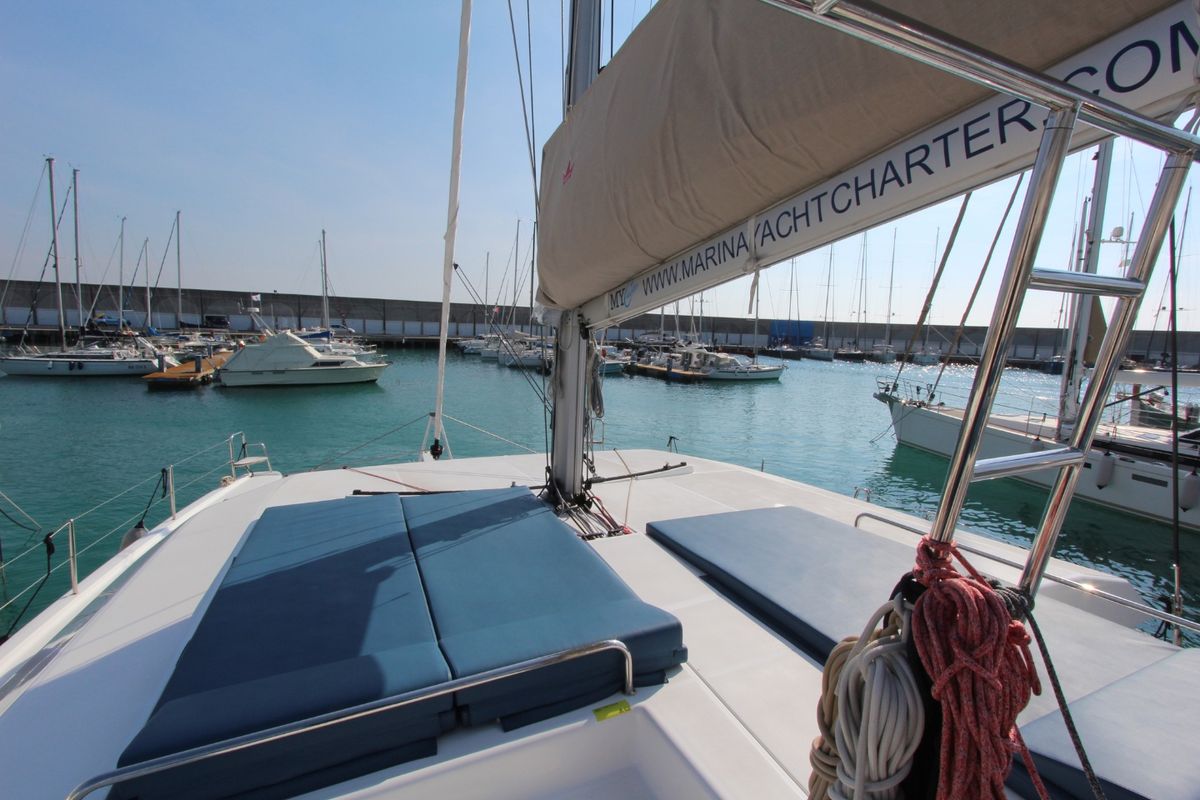Deck of Lublu, a Dufour 48 Catamaran catamaran at Olbia, Italy