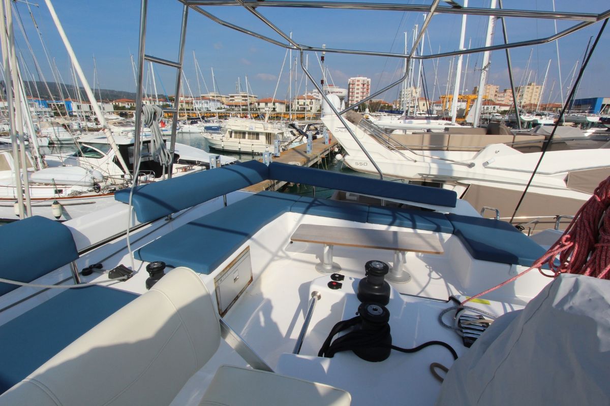 Cockpit of Lublu, a Dufour 48 Catamaran catamaran at Olbia, Italy