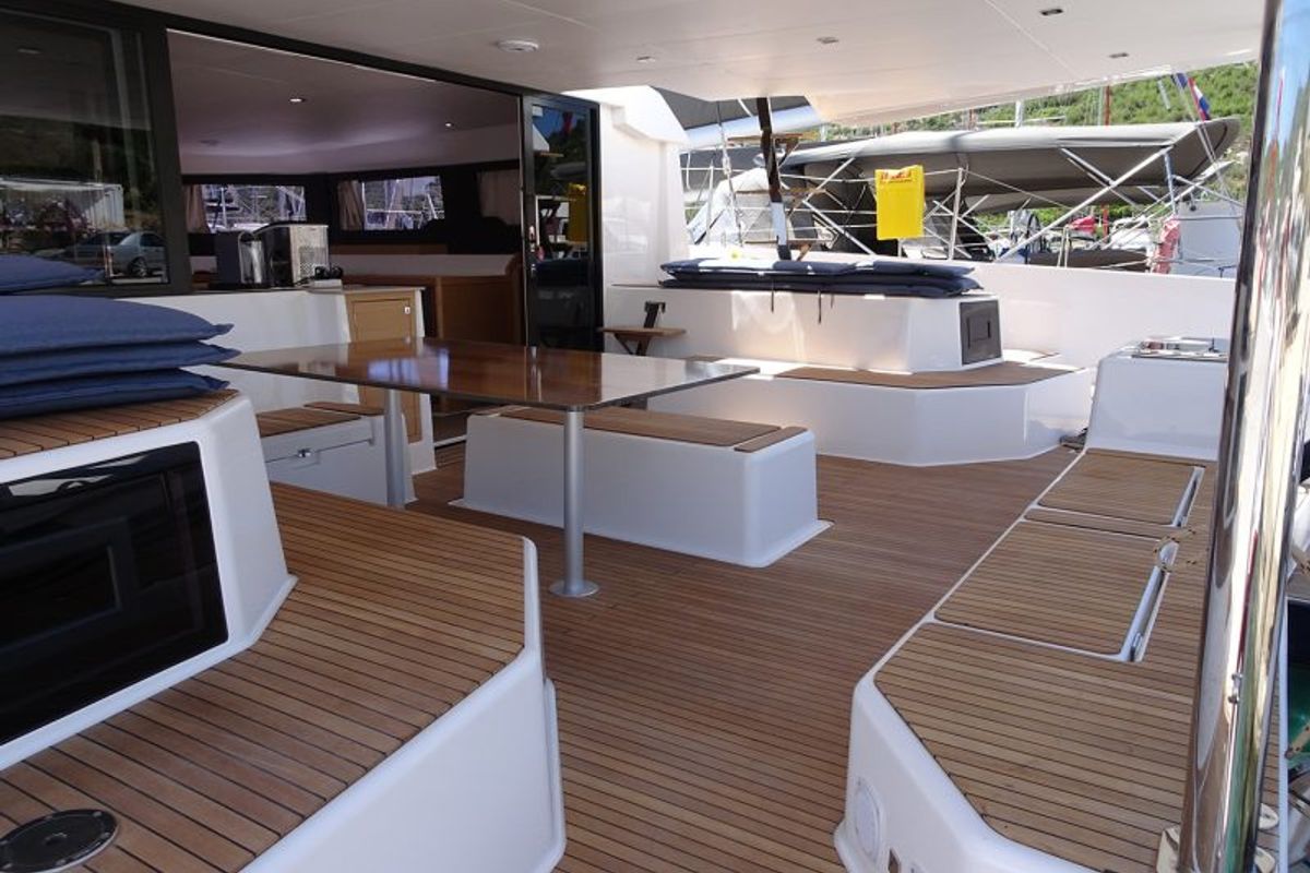 Deck of Lublu, a Dufour 48 Catamaran catamaran at Olbia, Italy