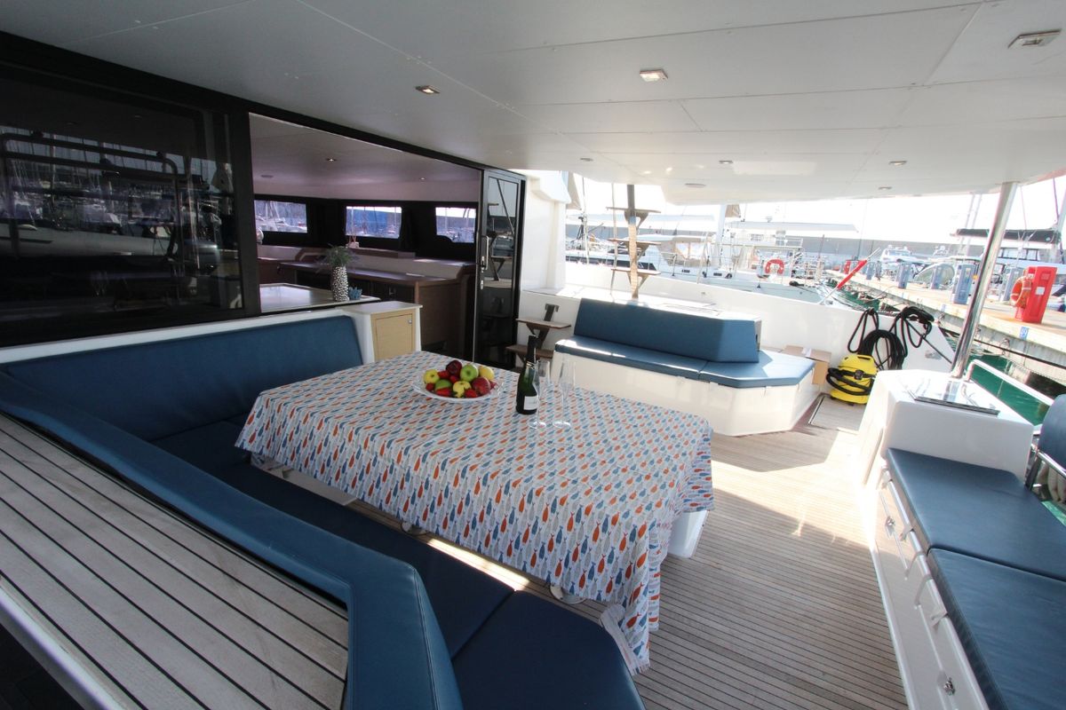 Deck of Lublu, a Dufour 48 Catamaran catamaran at Olbia, Italy