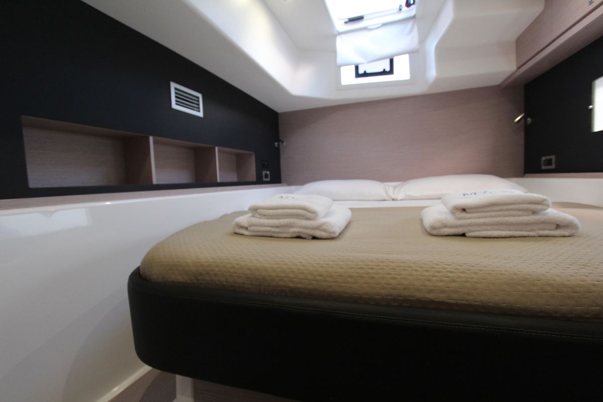 Cabin on Lublu, a Dufour 48 Catamaran catamaran at Olbia, Italy