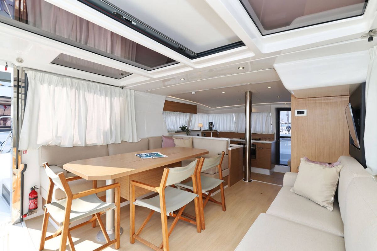 Salon of Azul, a Bali 4.2 catamaran at Procida, Italy