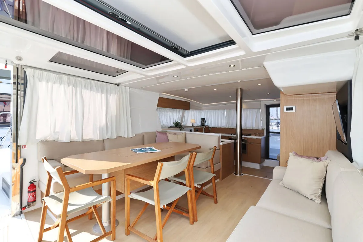 Salon of Azul, a Bali 4.2 catamaran at Procida, Italy