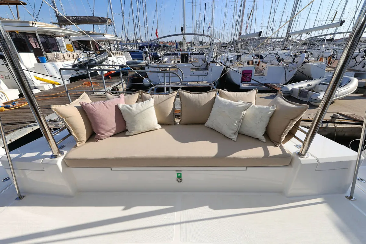 Deck of Azul, a Bali 4.2 catamaran at Procida, Italy