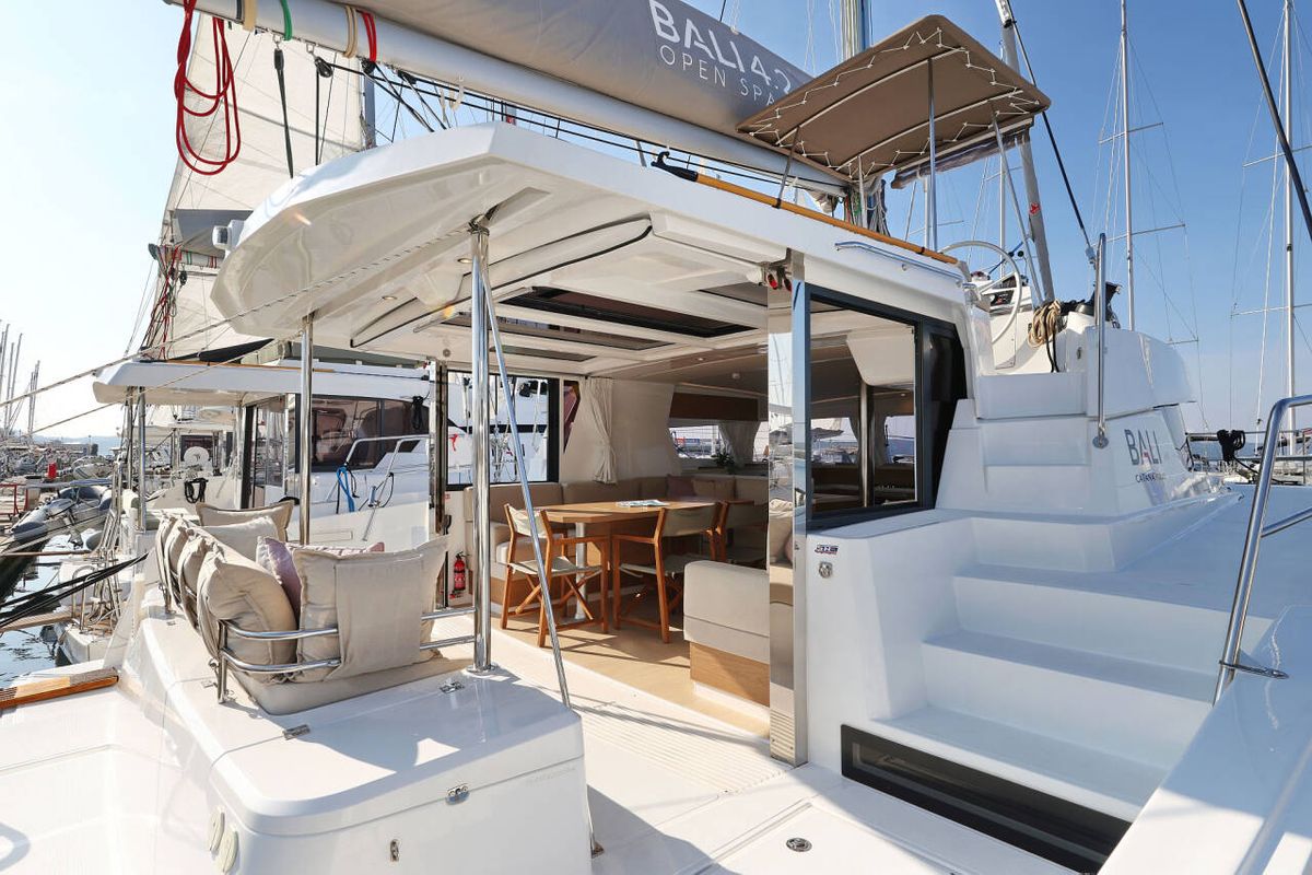 Deck of Azul, a Bali 4.2 catamaran at Procida, Italy