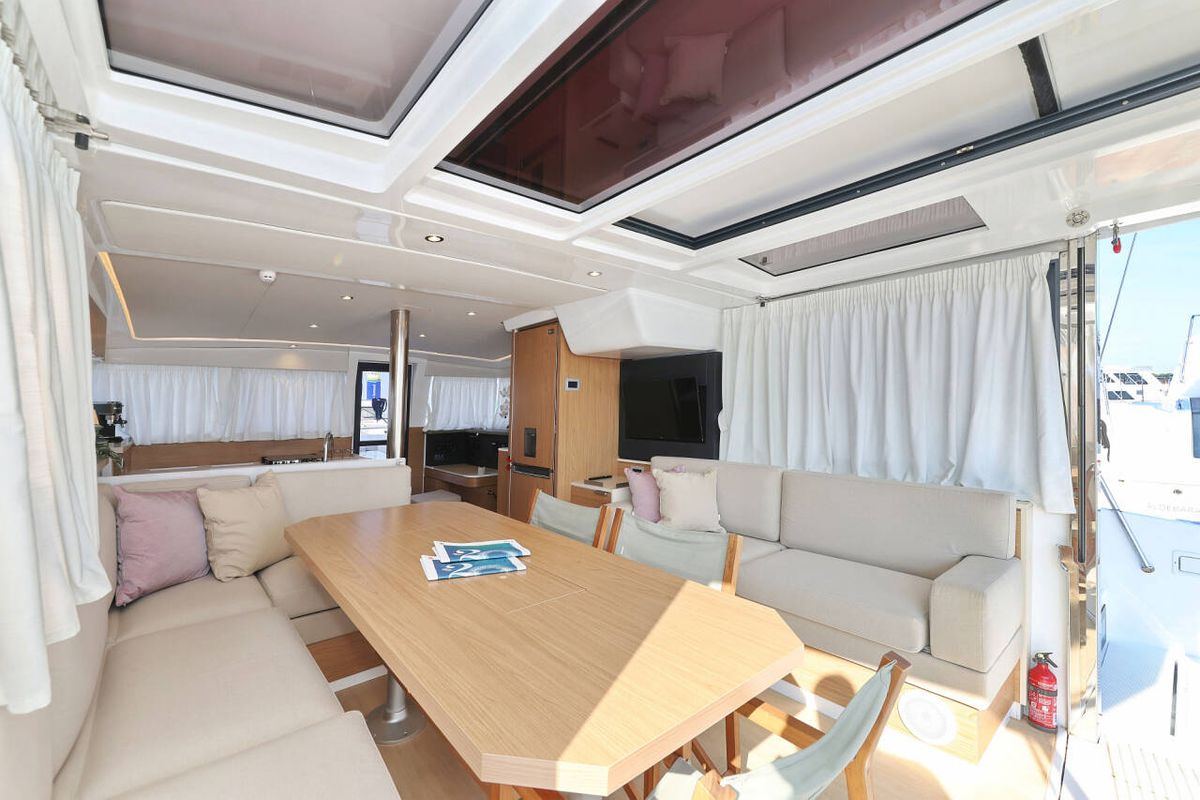 Salon of Azul, a Bali 4.2 catamaran at Procida, Italy