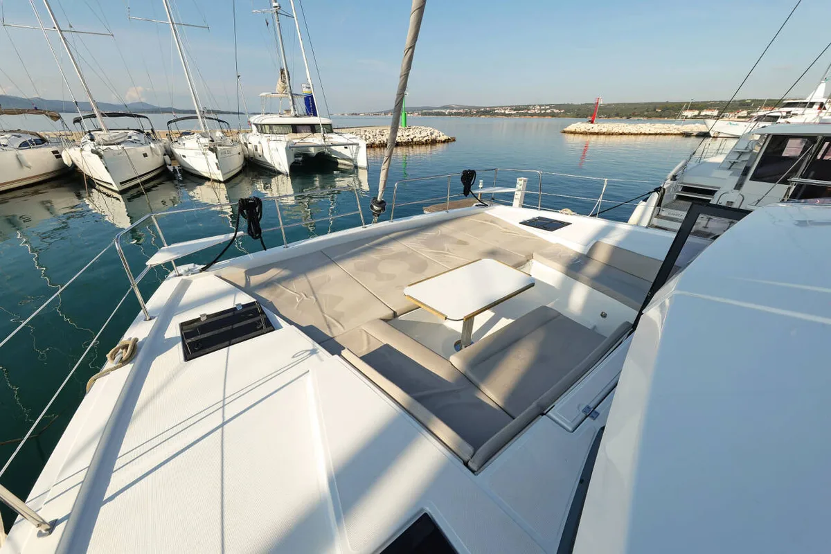 Deck of Azul, a Bali 4.2 catamaran at Procida, Italy