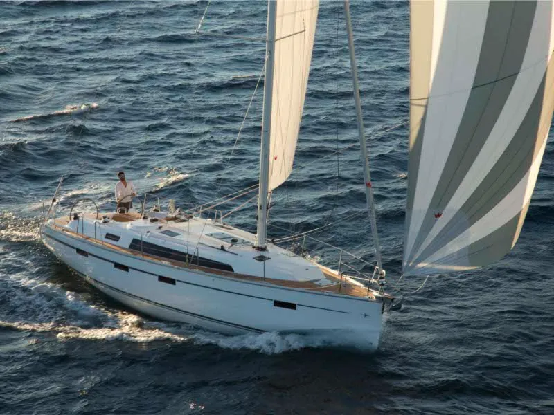 Exterior view of Hermes, a Bavaria Cruiser 41 sailboat at Athens, Greece