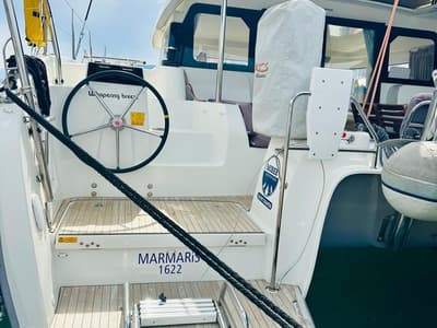 Cockpit of Whispering Breeze, a Excess 11 catamaran at Fethiye, Turkey
