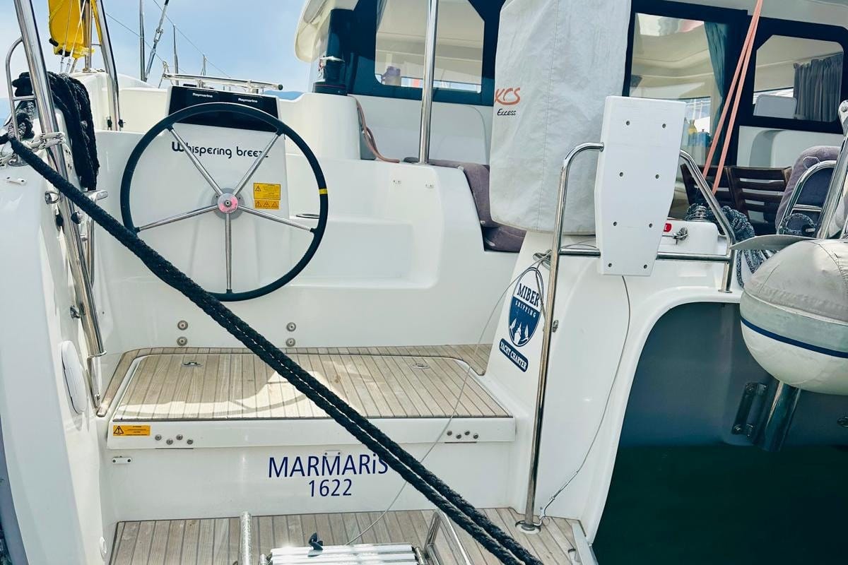 Cockpit of Whispering Breeze, a Excess 11 catamaran at Fethiye, Turkey