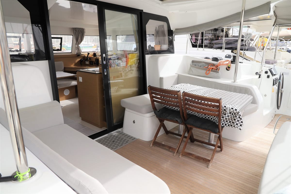 Deck of Whispering Breeze, a Excess 11 catamaran at Fethiye, Turkey