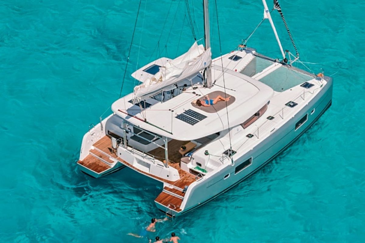 Exterior view of Sail Adasu, a Lagoon 42 catamaran at Fethiye, Turkey
