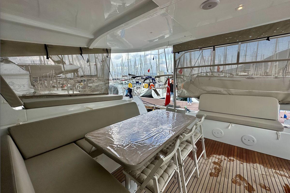 Deck of Sail Adasu, a Lagoon 42 catamaran at Fethiye, Turkey