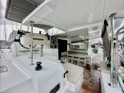 Deck of Sail Adasu, a Lagoon 42 catamaran at Fethiye, Turkey
