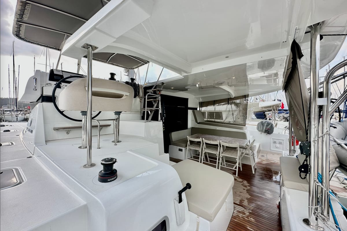 Deck of Sail Adasu, a Lagoon 42 catamaran at Fethiye, Turkey