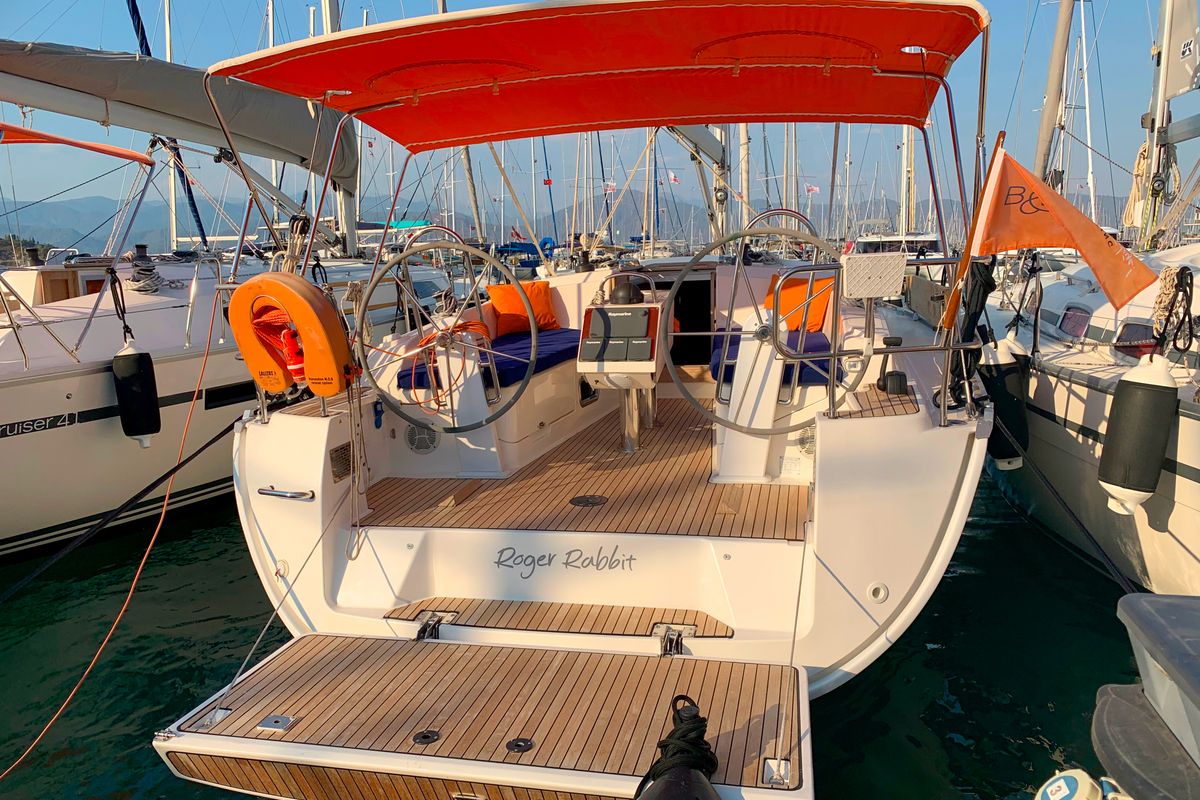 Deck of Roger Rabbit, a Bavaria 37 sailboat at Fethiye, Turkey
