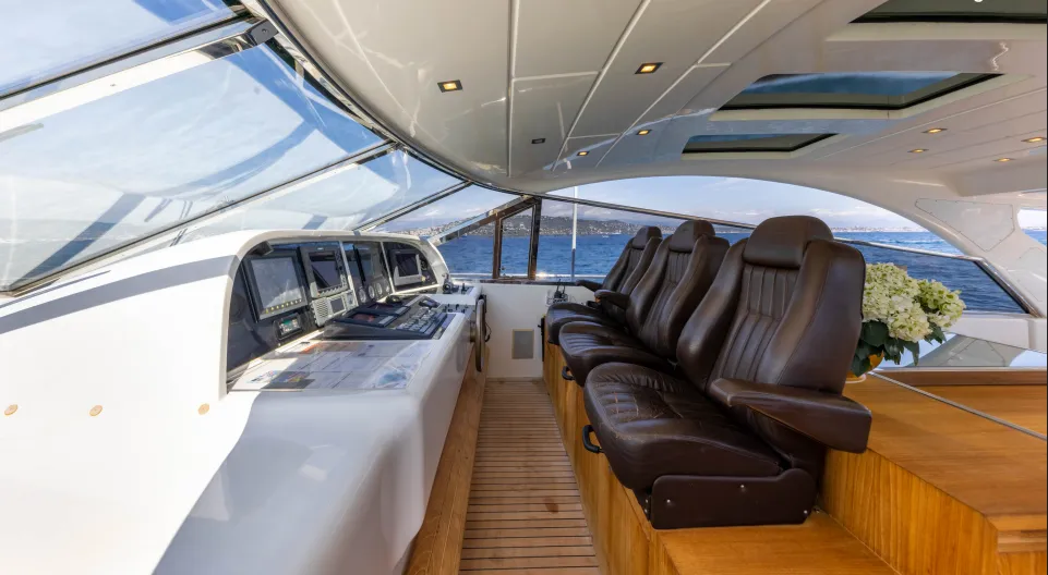 Cockpit of Stealth One, a Gulet Mangusta 80 yacht at Cannes, France