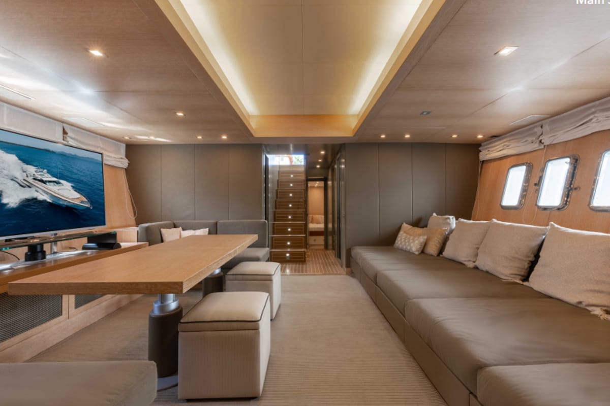 Salon of Stealth One, a Gulet Mangusta 80 yacht at Cannes, France