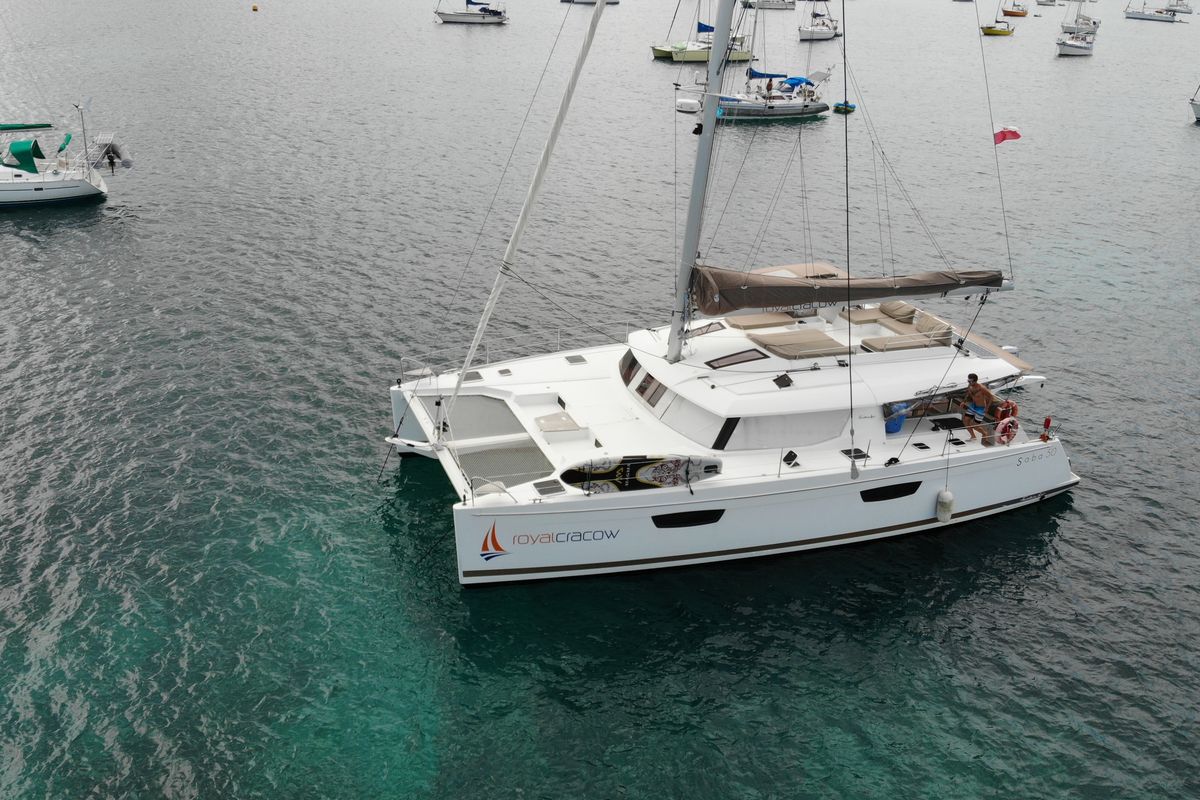Exterior view of Royal Cracow, a Fountaine Pajot Saba 50 catamaran at Grad Trogir, Croatia