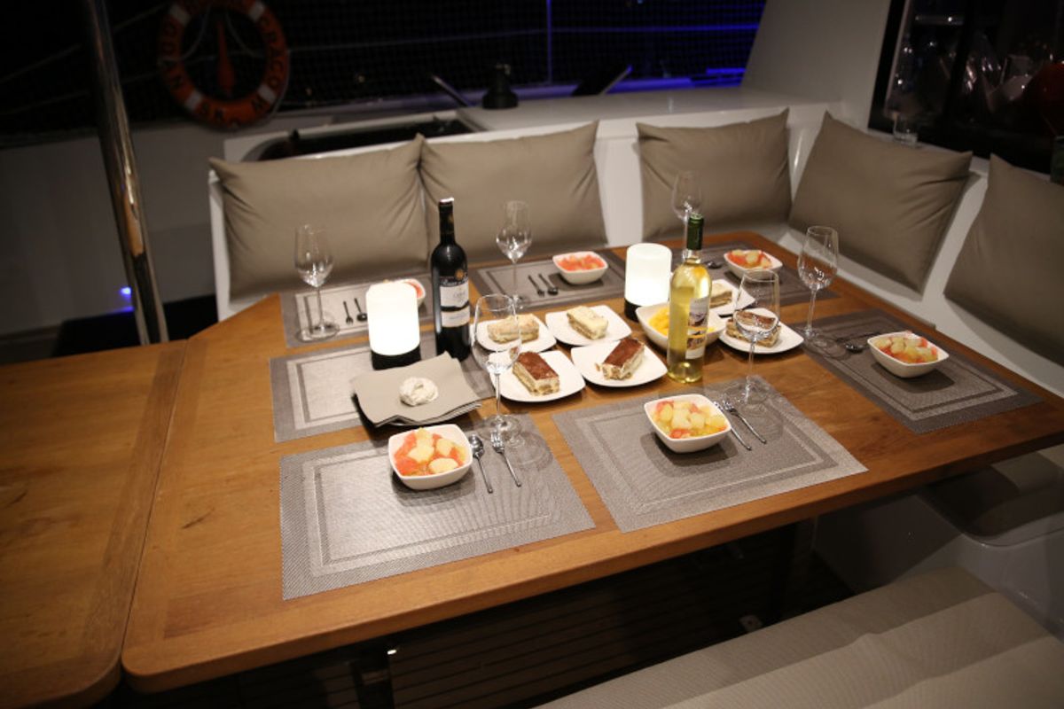 Deck of Royal Cracow, a Fountaine Pajot Saba 50 catamaran at Grad Trogir, Croatia