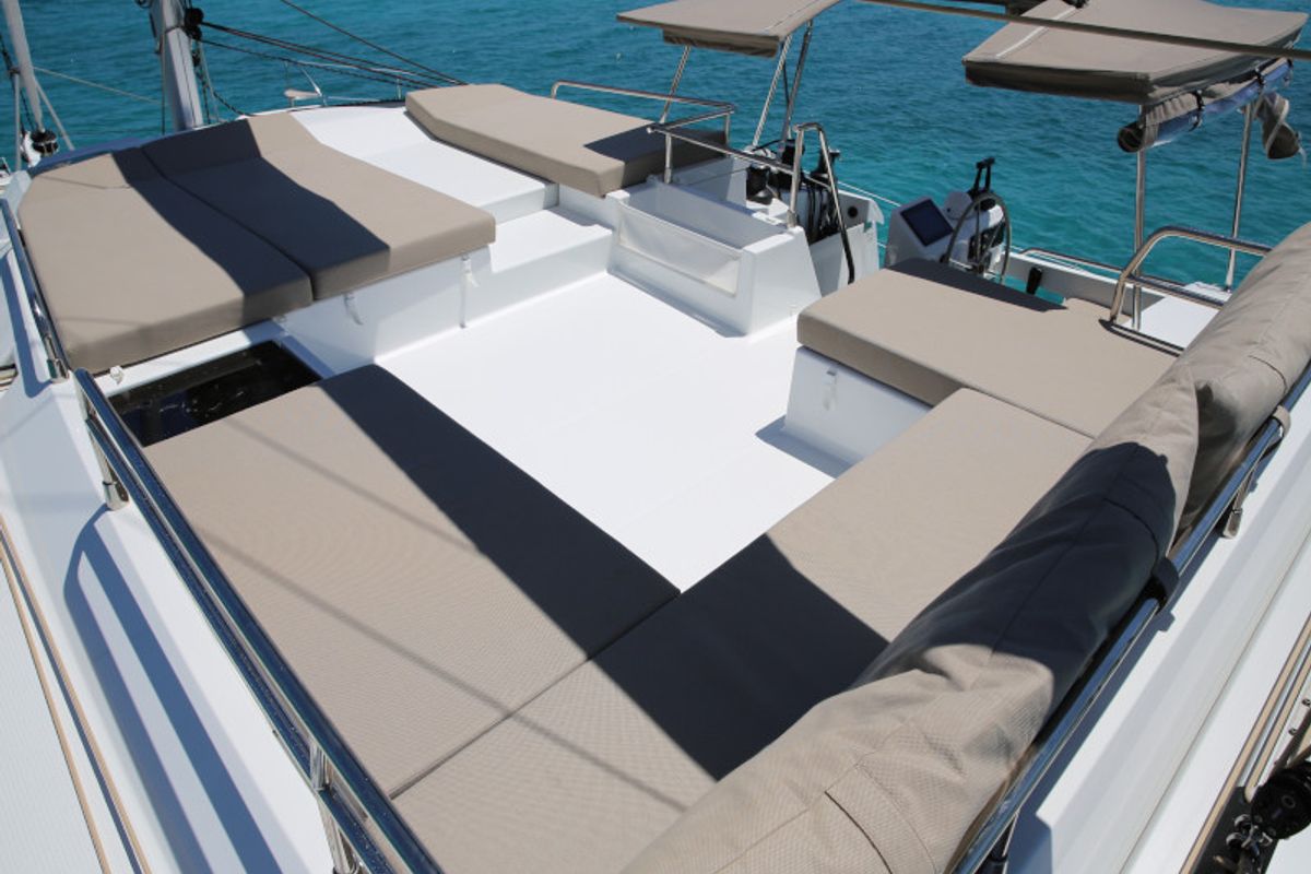 Deck of Royal Cracow, a Fountaine Pajot Saba 50 catamaran at Grad Trogir, Croatia