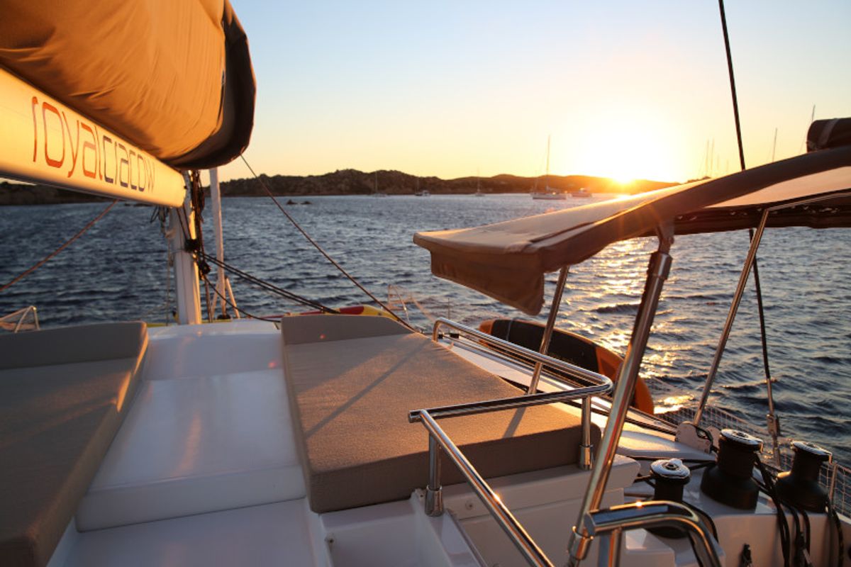 Deck of Royal Cracow, a Fountaine Pajot Saba 50 catamaran at Grad Trogir, Croatia