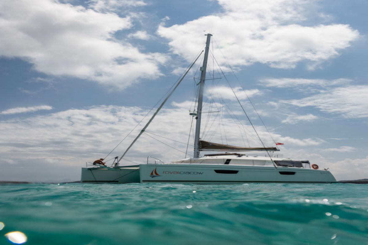 Exterior view of Royal Cracow, a Fountaine Pajot Saba 50 catamaran at Grad Trogir, Croatia