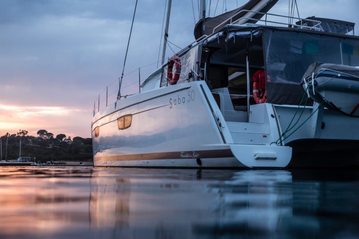 Exterior view of Royal Cracow, a Fountaine Pajot Saba 50 catamaran at Grad Trogir, Croatia