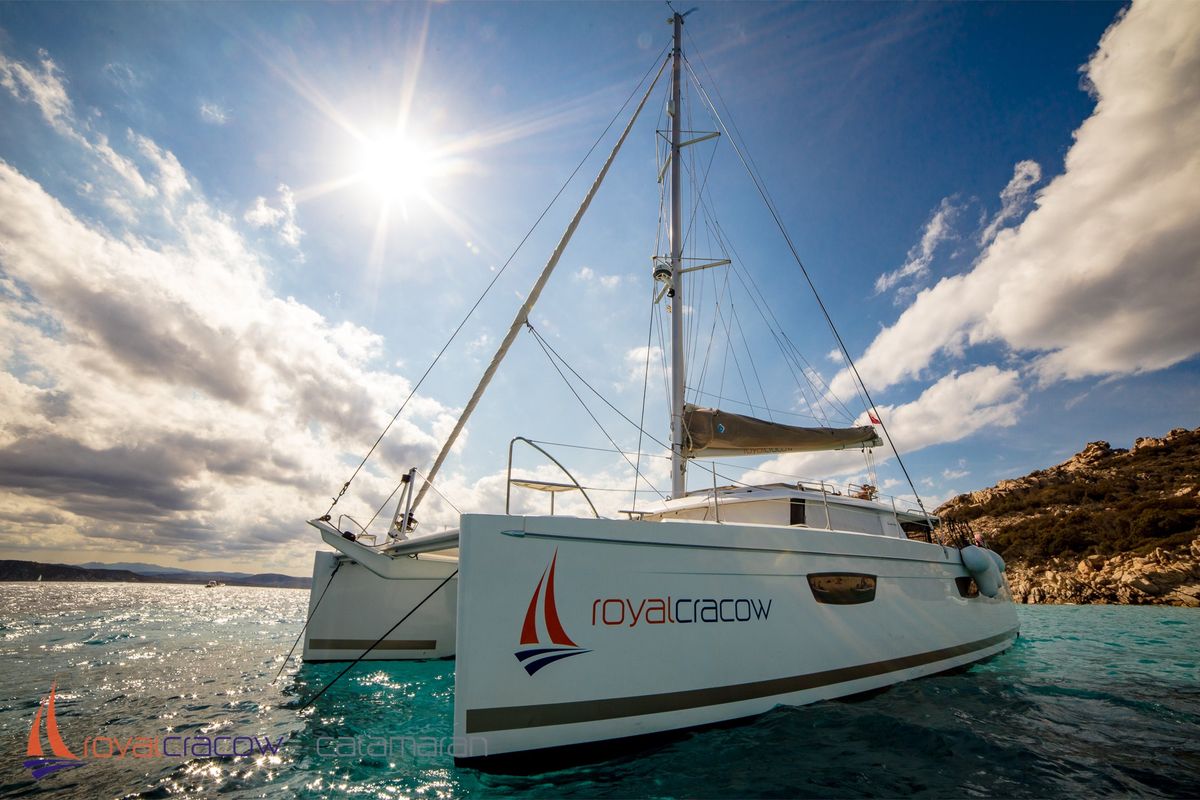 Exterior view of Royal Cracow, a Fountaine Pajot Saba 50 catamaran at Grad Trogir, Croatia