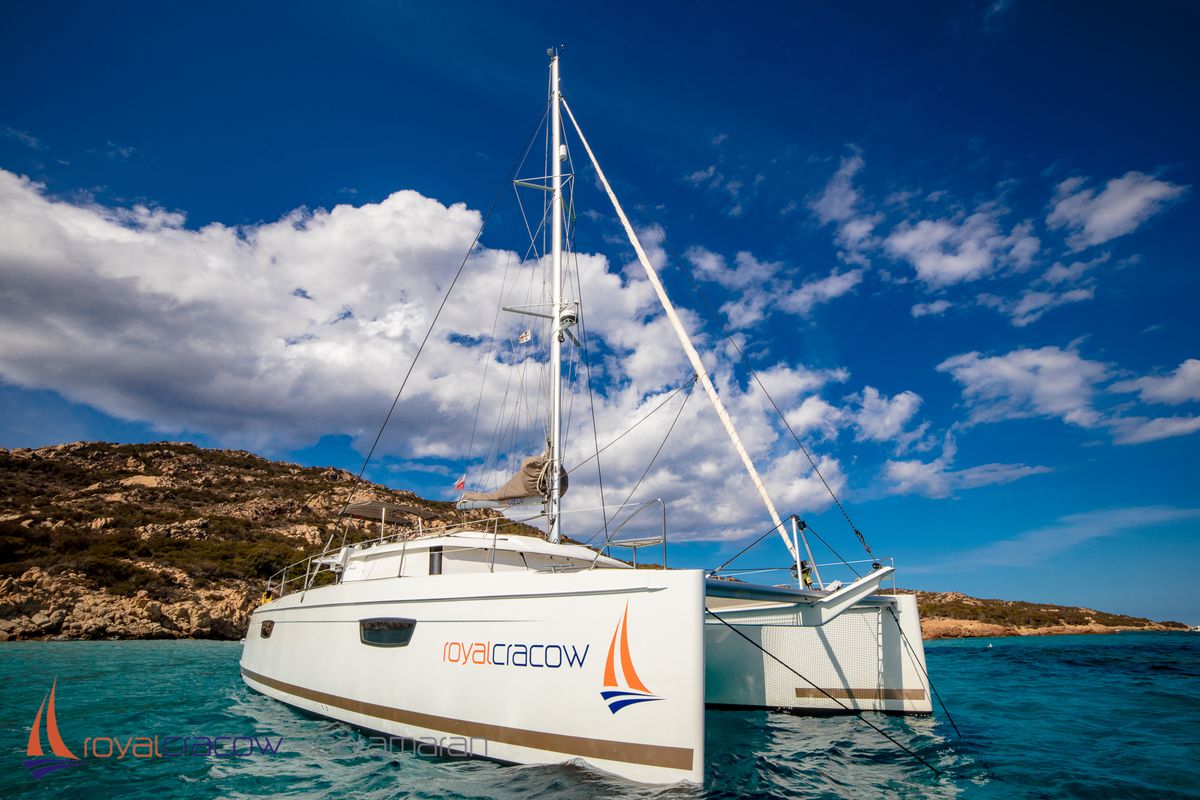 Exterior view of Royal Cracow, a Fountaine Pajot Saba 50 catamaran at Grad Trogir, Croatia