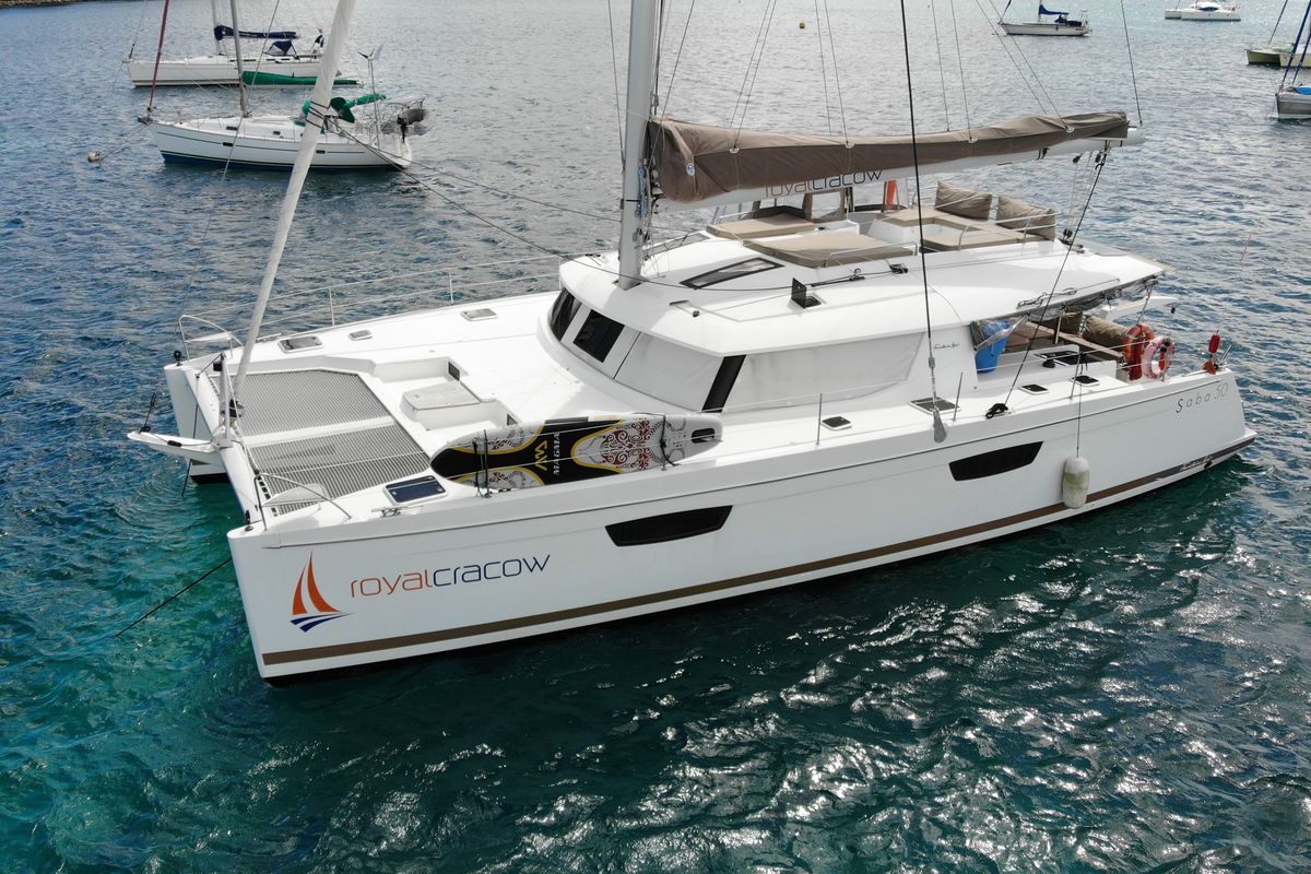 Exterior view of Royal Cracow, a Fountaine Pajot Saba 50 catamaran at Grad Trogir, Croatia