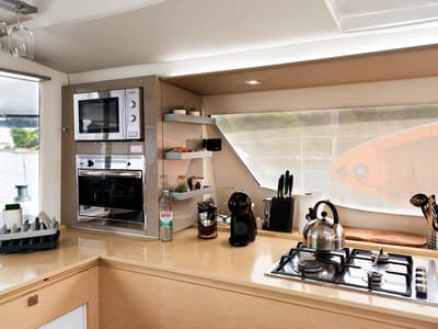 Galley of Royal Cracow, a Fountaine Pajot Saba 50 catamaran at Grad Trogir, Croatia