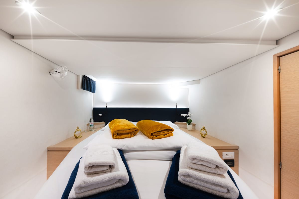 Cabin on Royal Cracow, a Fountaine Pajot Saba 50 catamaran at Grad Trogir, Croatia