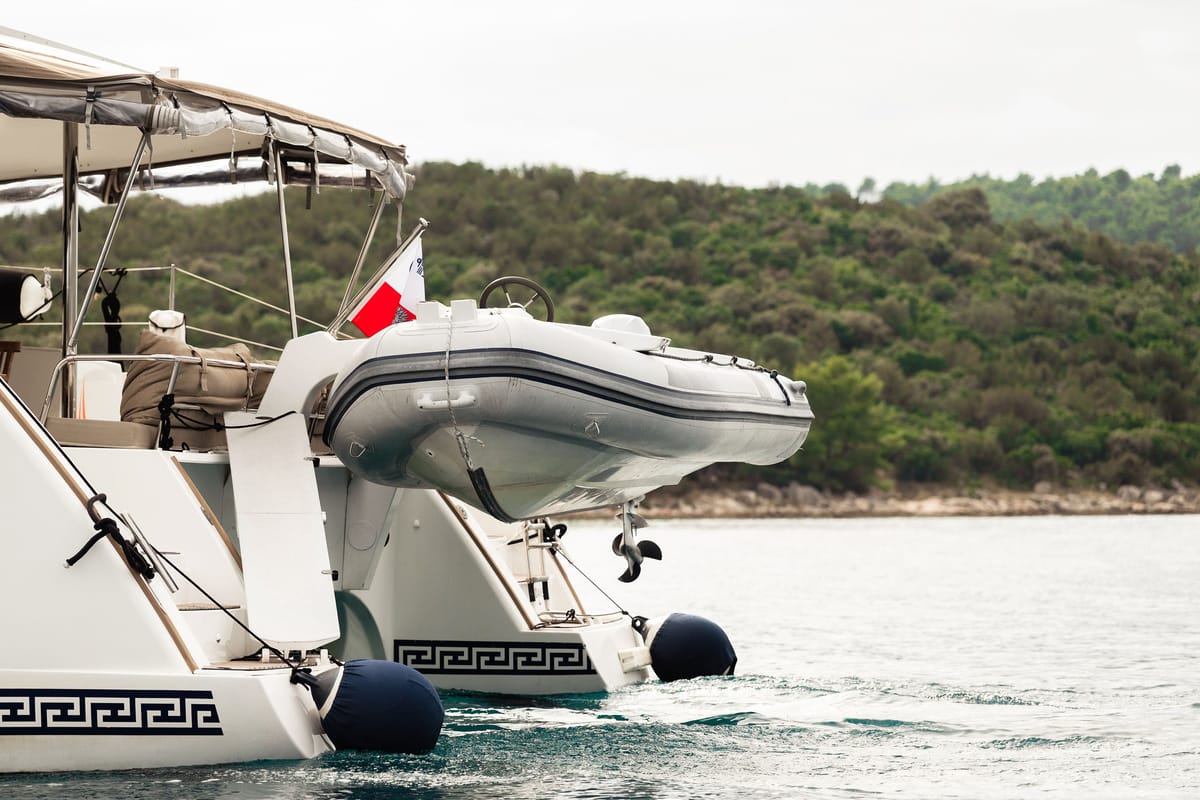 Exterior view of Royal Cracow, a Fountaine Pajot Saba 50 catamaran at Grad Trogir, Croatia