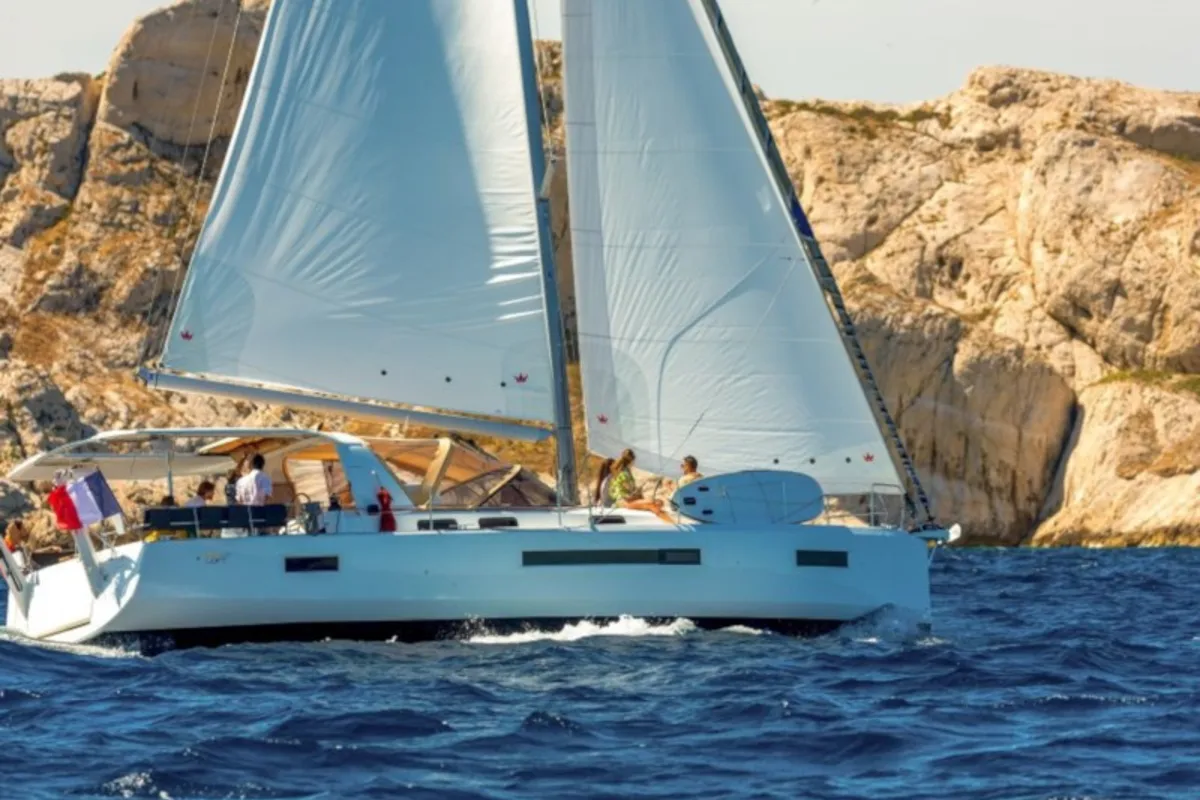 Exterior view of New Horizons III, a Jeanneau Sun Loft 47 sailboat at Kontokali, Greece