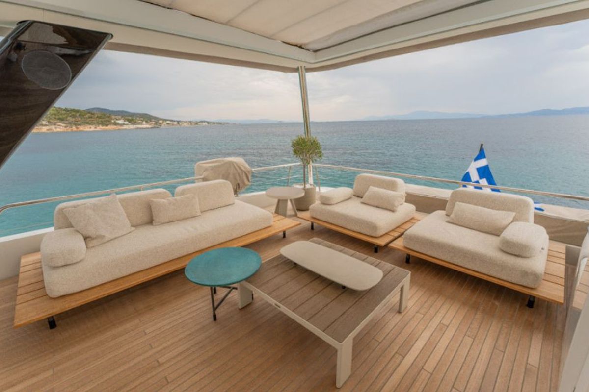Deck of Valium 67, a Lagoon Sixty 7 catamaran at Municipal Unit of Nea Peramos, Greece