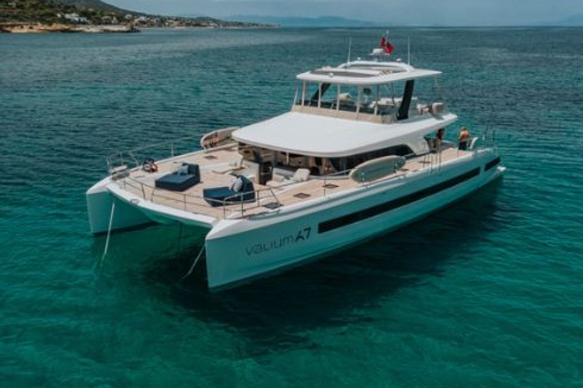 Exterior view of Valium 67, a Lagoon Sixty 7 catamaran at Municipal Unit of Nea Peramos, Greece