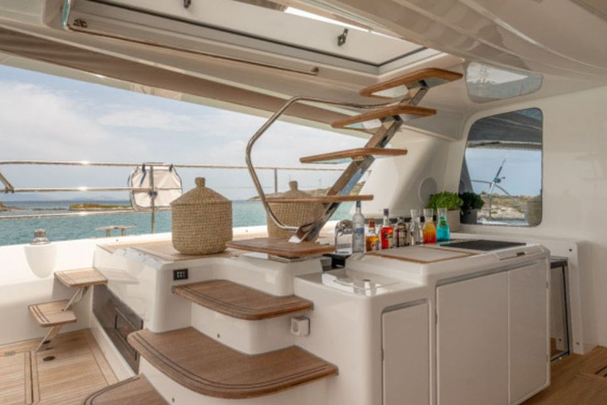 Deck of Valium 67, a Lagoon Sixty 7 catamaran at Municipal Unit of Nea Peramos, Greece