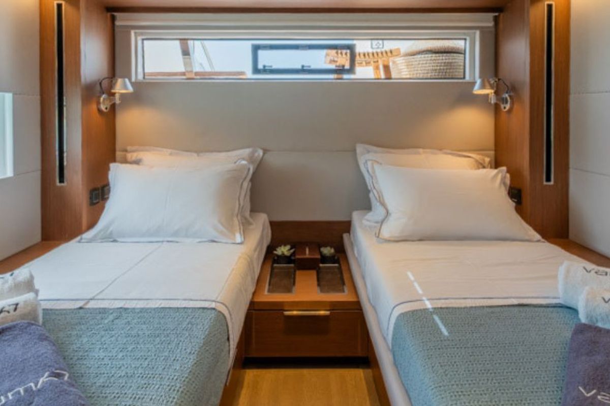 Cabin on Valium 67, a Lagoon Sixty 7 catamaran at Municipal Unit of Nea Peramos, Greece