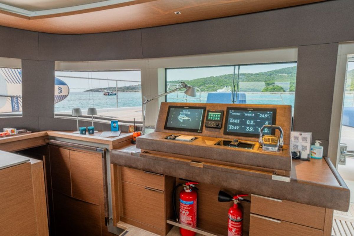 Cockpit of Valium 67, a Lagoon Sixty 7 catamaran at Municipal Unit of Nea Peramos, Greece